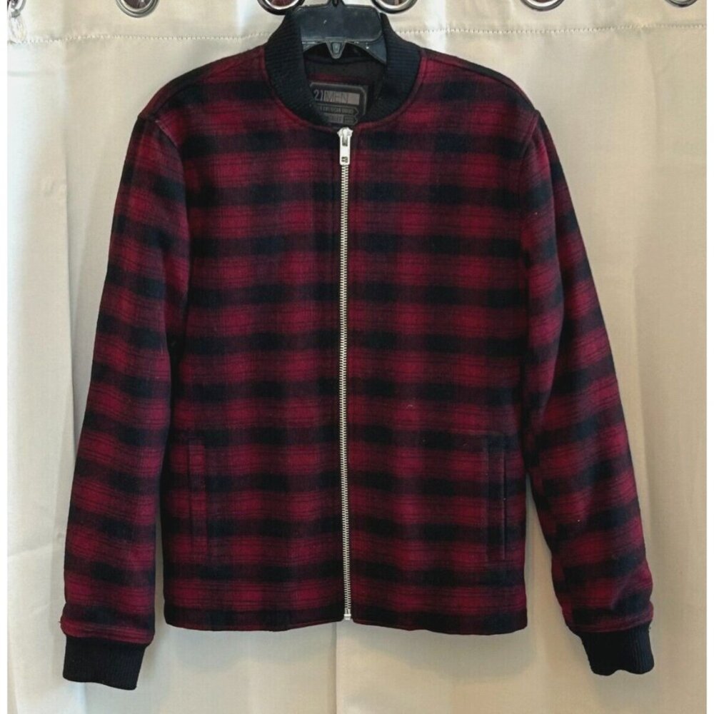 21 MEn Coat Size‎ XS Red Black Plaid Wool Blend Jacket Full Zip Outdoor 169864